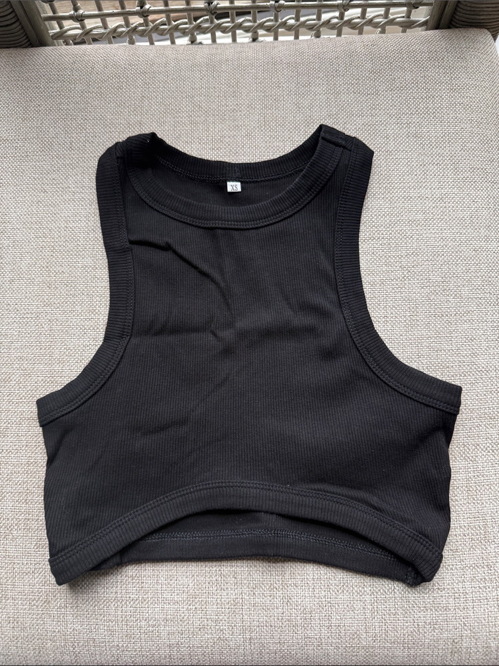 Black Ribbed Crop high neck Tank Top with curved hem at front- Women